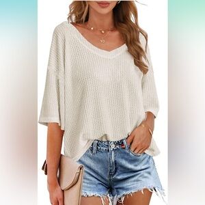MEROKEETY Women's V Neck Half Sleeve Shirts Waffle Knit Loose Blouse